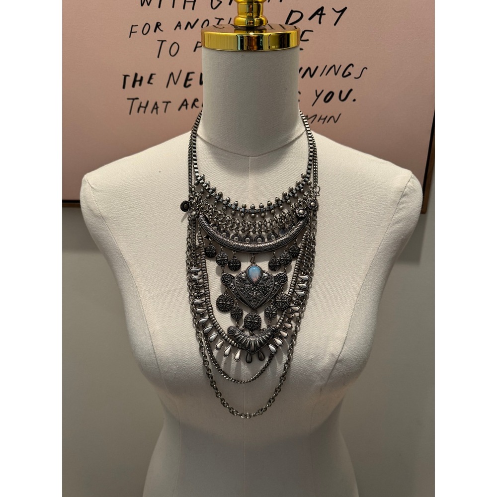 Free People Statement Necklace Silver Boho Layered Coin Fringe Pendant Festival